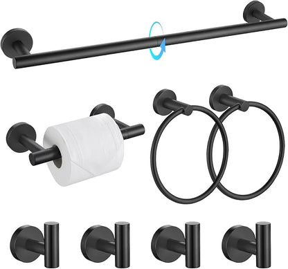 TQKAG 8-Pieces Bathroom Hardware Set, Matte Black Bath Towel Bar Set 23.6" | Towel Racks for Bathroom Wall Mounted, SUS304 Stainless Steel, Towel Bar Set Include Paper Holders, Towel Rings, Towel Hooks