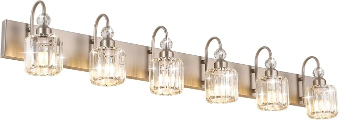 Ralbay Crystal Brushed Nickel Vanity Light for Bathroom 6 Light Modern Bathroom Lighting Fixtures Over Mirror