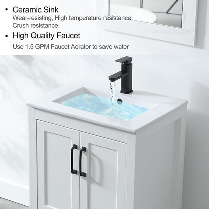 LUCKWIND 24" Bathroom Vanity and Sink Combos, Modern Bathroom Storage Painted Cabinet with Undercounter Ceramic Single Sink Top, Matte Black Faucet and Drawer, Mirror Not Included, White