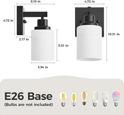 Set of 2 Wall Sconces for Bathroom, Black 1 Light Bathroom Vanity Light,Modern Wall Sconces Indoor with White Glass Shades,Farmhouse Wall Lamp for Bedroom Living Room Mirror Hallway