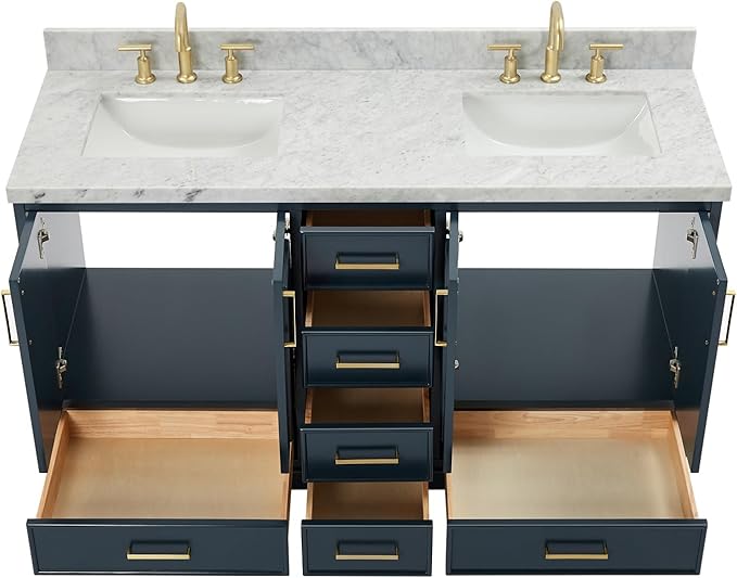 ARIEL Stafford 60-inch Bathroom Vanity with Sink,Solid Wood, 1.5-inch Italian Carrara Marble Countertop, Double Rectangular Porcelain Sink, 4 Soft Closing Doors, 6 Dovetail Drawers, Midnight Blue