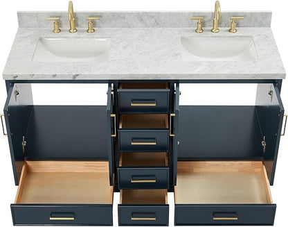 ARIEL Stafford 60-inch Bathroom Vanity with Sink,Solid Wood, 1.5-inch Italian Carrara Marble Countertop, Double Rectangular Porcelain Sink, 4 Soft Closing Doors, 6 Dovetail Drawers, Midnight Blue