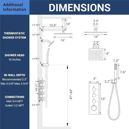 16" Thermostatic Dual Rainfall Head Matte Black Shower System | Ceiling Mounted Full Body Shower Faucet Set with Thermostatic Valve for Couples/ 2-Person，16“+6”Shower Head & handheld