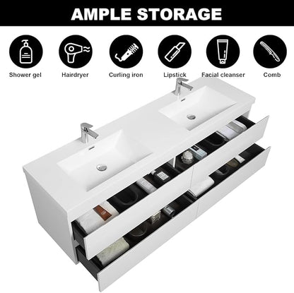Wall Mounted 72 Inch Bathroom Vanity with Sink, Floating Vanity Bathroom, Double Sink Bathroom Vanity, 4 Drawers, Resin Integrated Sink (Glossy White)
