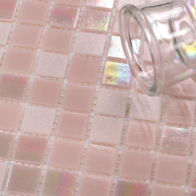 11.5 sq.ft Rainbow Pink Glass Mosaic Tile for Bathroom, Pool, Backsplash | Waterproof Wall & Floor Tile. Heat & frost resistant outdoors. Mesh-mounted easy install. Use any grout. Easy clean. 10pcs.