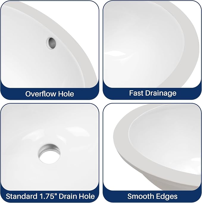 Enbol 13x10 inch Undermount Bathroom Sink - Oval Bathroom Sink White Ceramic Vessel Lavatory Basin with Overflow, Countertop Vanity Sink ECU1310