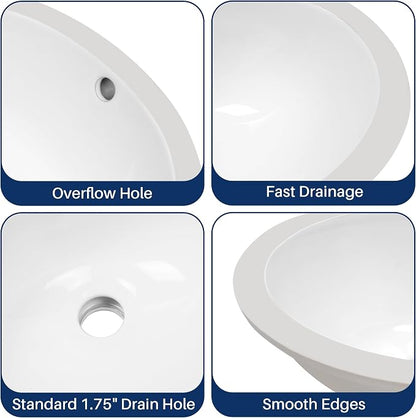 Enbol 13x10 inch Undermount Bathroom Sink - Oval Bathroom Sink White Ceramic Vessel Lavatory Basin with Overflow, Countertop Vanity Sink ECU1310