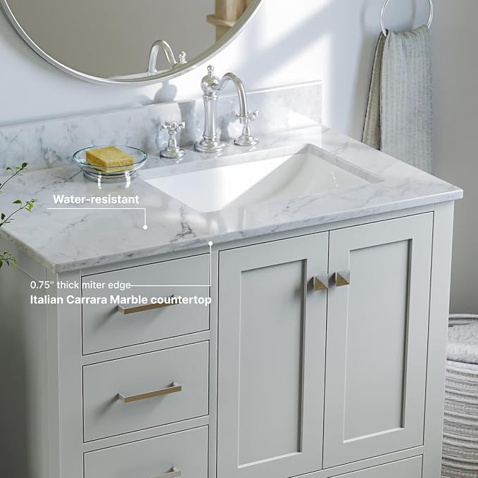 ARIEL Cambridge 36-inch Bathroom Vanity with Sink,Solid Wood, 0.75-inch Italian Carrara Marble Countertop, Single Rectangular Porcelain Sink, 2 Soft Closing Doors, 5 Dovetail Drawers, Grey