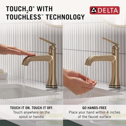 Delta Bonacci Touchless Bathroom Faucet 1-Hole with Touch On Technology, Brushed Gold Single Hole Bathroom Sink Faucet, Metal Push-Pop Drain, Lumicoat Champagne Bronze 545T-CZ-PR-DST