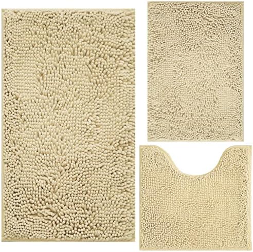 Bath Rugs Chenille 3-Piece Extra Soft and Absorbent Shag Beige Bathroom Rugs, Machine Wash Mat, Strong PVC Non-Slip Underside, Plush Carpet Mats (Beige)