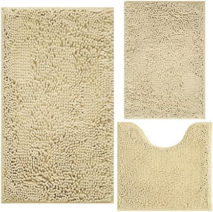 Bath Rugs Chenille 3-Piece Extra Soft and Absorbent Shag Beige Bathroom Rugs, Machine Wash Mat, Strong PVC Non-Slip Underside, Plush Carpet Mats (Beige)