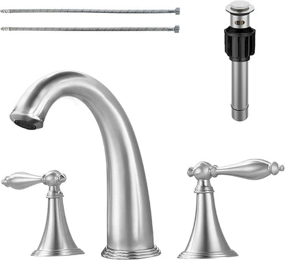SaniteModar Brushed Color Bathroom Sink Faucet,Brass Bathroom Faucet 3 Hole,Widespread Bathroom Faucet for Sink 3 Hole,2 Handles Design with Water Supply Lines and Pop-up Drain