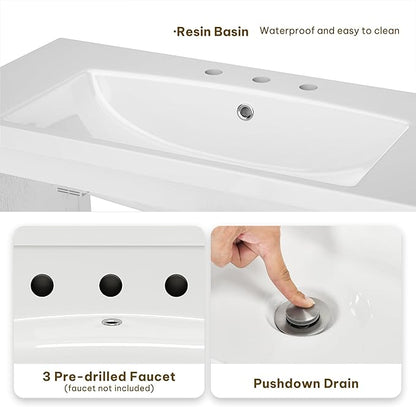 DWVO 36 Inch Bathroom Vanity with Sink, Modern Bathroom Storage Cabinet with Resin Basin, Three Holes, 2 Doors & 3 Drawers