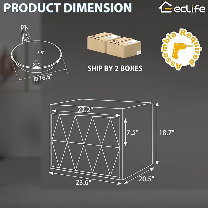 eclife 24" Floating Bathroom Vanities with Sink Combo, Wall Mounted Modern Cabinet W/Diamond Line Pattern Design, Brown Round Glass Vessel Sink W/Water Save Faucet & Pop Up Drain, Black