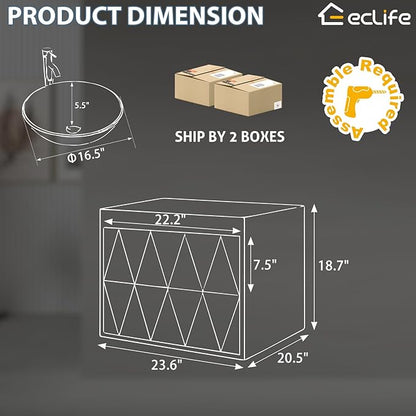 eclife 24" Floating Bathroom Vanities with Sink Combo, Wall Mounted Modern Cabinet W/Diamond Line Pattern Design, Brown Round Glass Vessel Sink W/Water Save Faucet & Pop Up Drain, White