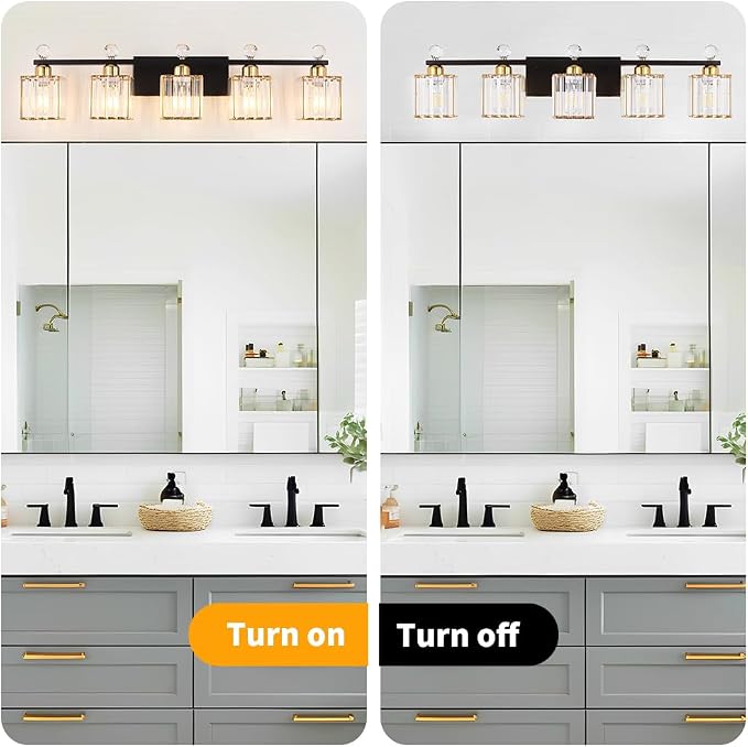 Lxybcce Bathroom Vanity Lights Over Mirror - Easy Installation with Clear Guide, 5-Light Shadow-Free Design, Black and Gold Crystal Finish - for Modern Home Bathroom Lighting Fixtures in DIY Projects