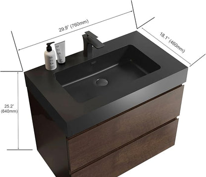 30" Floating Bathroom Vanity with Matte Black Sink, Modern Bathroom Cabinet with Top and Soft Close Drawers, Spacious Storage for Small Space, Walnut - Lavanda Collection