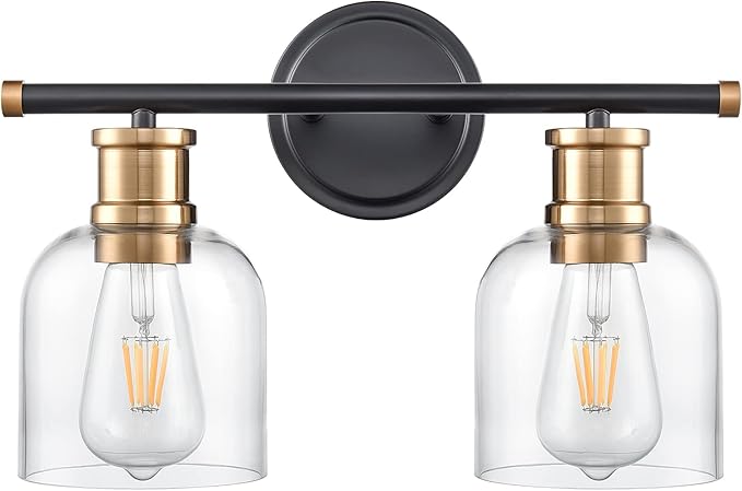 Modern Wall Sconce Lights 2 Lights Matte Black Bathroom Lighting with Clear Glass Shades Antique Brass Vintage Vanity Light Fixtures