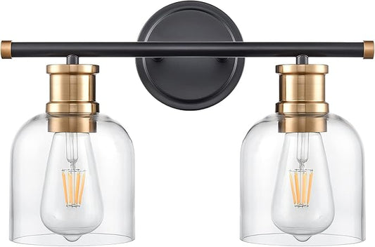 Modern Wall Sconce Lights 2 Lights Matte Black Bathroom Lighting with Clear Glass Shades Antique Brass Vintage Vanity Light Fixtures