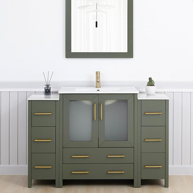 Vanity Art 54 Inch Under Mount Single Sink Bathroom Vanity Cabinet with 1 Mirror, Ceramic Top Bathroom Cabinet Compact Set with 8 Dovetail Storage Drawers and Golden Brushed Handles, VA3030-54-VG