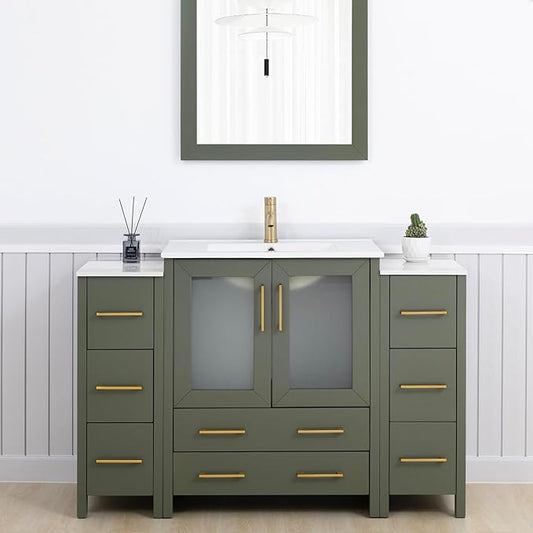 Vanity Art 54 Inch Under Mount Single Sink Bathroom Vanity Cabinet with 1 Mirror, Ceramic Top Bathroom Cabinet Compact Set with 8 Dovetail Storage Drawers and Golden Brushed Handles, VA3030-54-VG