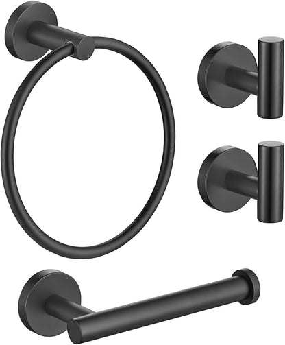TURS Matte Black Towel Ring Toilet Paper Holder Towel Hooks 4-Pieces Bathroom Towel Holder Set SUS304 Stainless Steel Bathroom Accessories Kit Wall Mounted