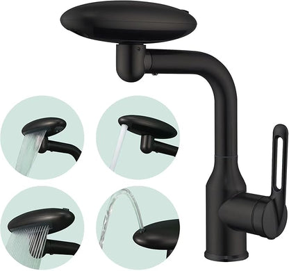 Bathroom Sink Faucet 1 Hole, Matte Black Multifunctional Basin Faucet with 4 Water Outlet Modes, Modern 360°Rotatable Bar Tap with Two Water Supply Pipes