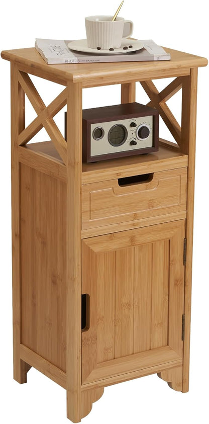 Fully Assembled 30" High Bamboo End Side Table, Preassembled Bathroom Floor Cabinet, Tall Nightstand for Bedroom