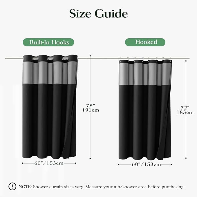 Black Hook Free Waffle Shower Curtain & Snap-in Fabric Liner,60x75 | Less Time to install, 3 in 1 Fabric Shower Curtain and Liner Set with Magnets, Stall, Shower Curtains for Bathroom