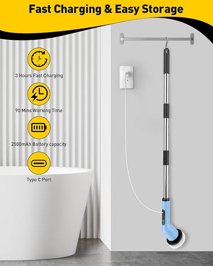 Electric Spin Scrubber for Bathroom, Shower Scrubber with Long Handle | Shower Cleaner Brushes, IPX7 Waterproof & 2 Speed, 8 Brush Heads, 90min Runtime, Bathroom Cleaning Supplies for Toilet Tub