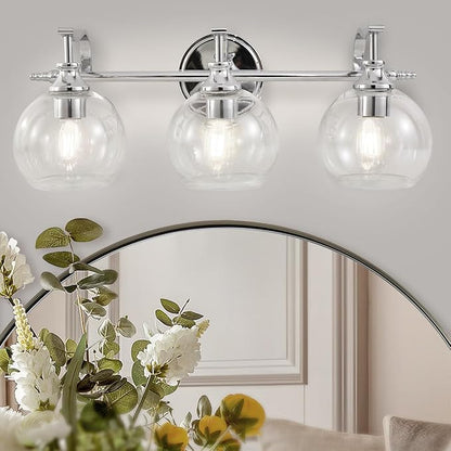 Chrome Vanity Light, 3-Light Polished Silver Bathroom Light Fixture Over Mirror, Modern Wall Sconce with Clear Glass Shade, Industrial Wall Lighting for Living Room, Bedroom, Hallway, 22.3"