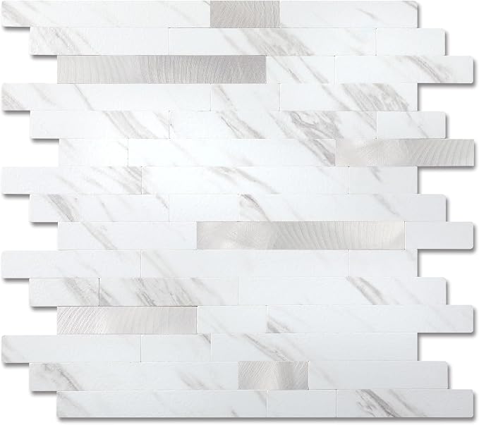 Yipscazo Peel and Stick Stone Metal Backsplash, Stick on Tiles for Backsplash Kitchen(10 Sheets, Calar White Stone)