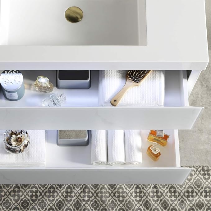 Blossom 48 inch Double Bathroom Vanity with Ceramic Sinks, LED Lighted | Wall Mounted Floating Vanity with 2 Sinks, Dimmable LED Lights | Modern Floating Design for Bathrooms | Calacatta White
