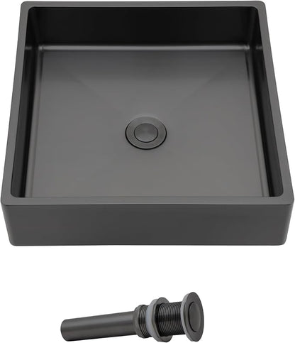 15"x15" Bathroom Vessel Sink Square - Gunmetal Black NANO-PVD, 16 Gauge 304 Stainless Steel, Above Counter Vanity Lavatory Art Bath Sink Basin