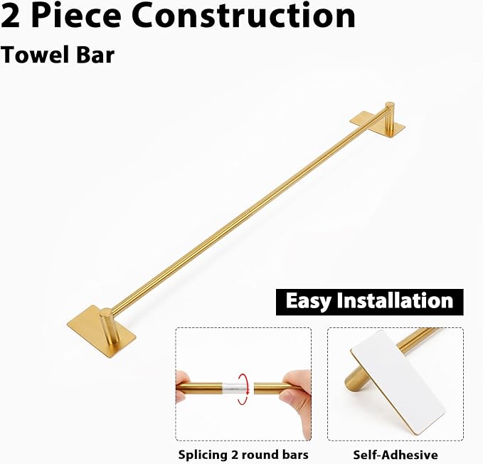 NearMoon Self Adhesive Bathroom Towel Bar- Stainless Steel Bath Wall Shelf Rack Hanging Towel Stick On Sticky Hanger Contemporary Style, NO Drilling (1 Pack, Brushed Gold, 24-Inch Towel Rack)