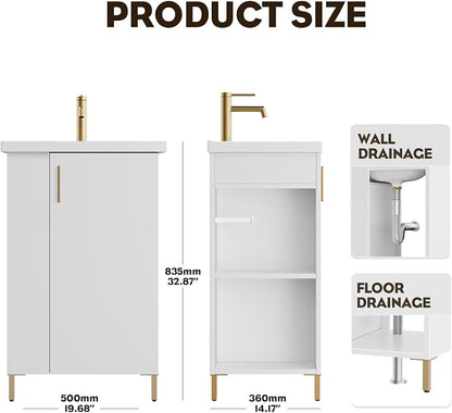 20 Inch White Pre-Assembled Small Bathroom Vanity Cabinet with Ceramic Sink, Soft-Close Door, Left Side Storage, Space-Saving Design, No Faucet,BV05-20-WHITE-PLUS