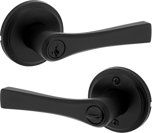 Kwikset Katella Entry Door Handle with Lock and Key, Secure Keyed Reversible Lever Exterior, For Front Entrance and Bedrooms, Matte Black, Pick Resistant Smartkey Rekey Security and Microban
