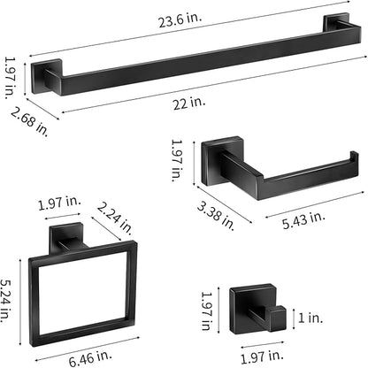 Bathroom Hardware Accessories Set 5 Pieces Matte Black Towel Bar Set, Wall Mounted Towel Rack Toilet Paper Holder Stainless Steel Bath Coat Hooks 24 Inch
