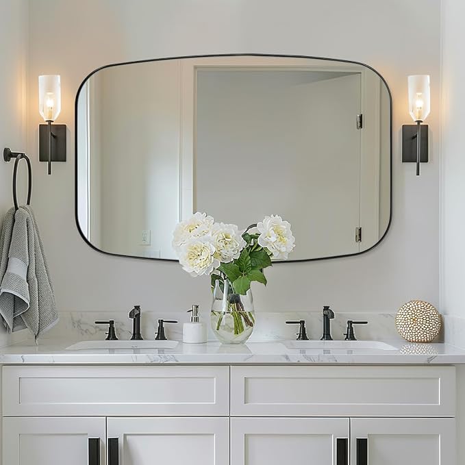 30x40” Black Bathroom Mirror, Oblong Vanity Mirror with Stainless Steel Metal Frame, Matte Black Oval Mirror for Over Sink, Modern Anti Rust Wall Mounted