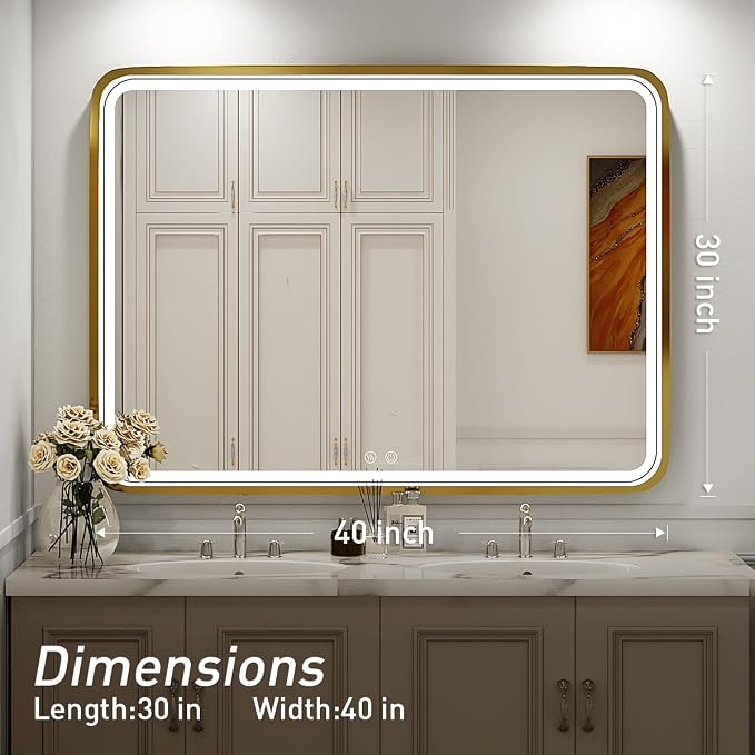 40x30 Inch Gold Frame LED Bathroom Mirror,ETL Listed | Anti-Fog,3 Color 3000K/4500K/6000K Dimmable,Horizontal & Vertical,Wall Mounted,Memory Function