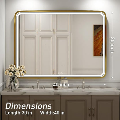 40x30 Inch Gold Frame LED Bathroom Mirror,ETL Listed | Anti-Fog,3 Color 3000K/4500K/6000K Dimmable,Horizontal & Vertical,Wall Mounted,Memory Function