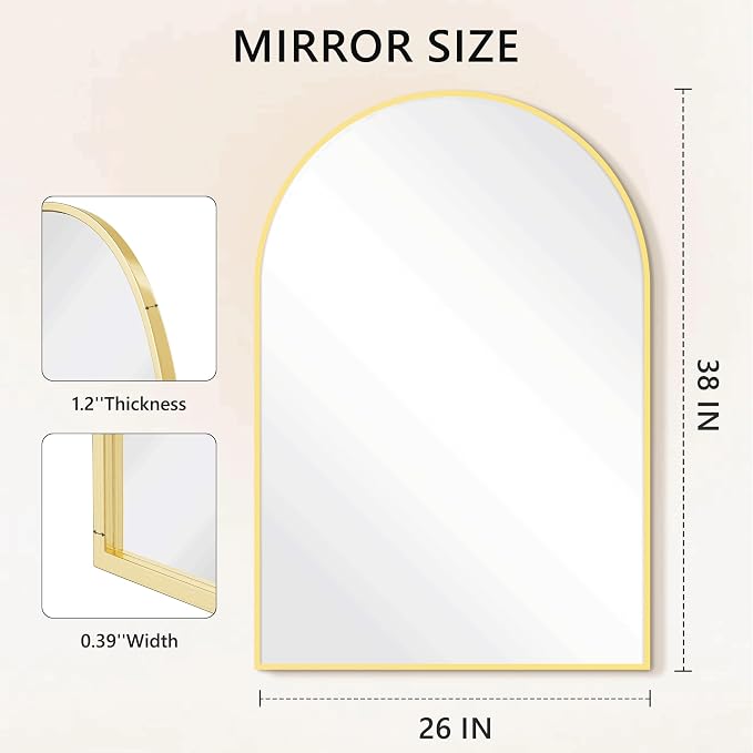 Arched Bathroom Mirror for Wall, 38" x 26" Metal Frame Vanity Mirror, Gold | Aluminium Alloy Frame, HD Shatterproof Glass, for Bathroom Over Sink , Entryway, Bedroom, Living Room