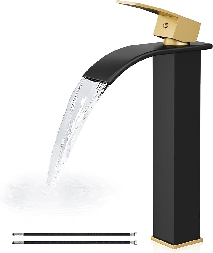 Airuida Vessel Sink Faucet, Black&Gold Tall Waterfall Bathroom Faucet | Single Handle,Tall Bathroom Faucet 1 Hole,Vanity Faucet,without Drain,Bowl Bathroom Faucet