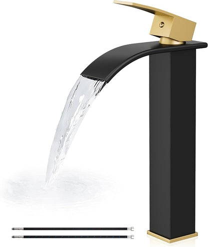 Airuida Vessel Sink Faucet, Black&Gold Tall Waterfall Bathroom Faucet | Single Handle,Tall Bathroom Faucet 1 Hole,Vanity Faucet,without Drain,Bowl Bathroom Faucet