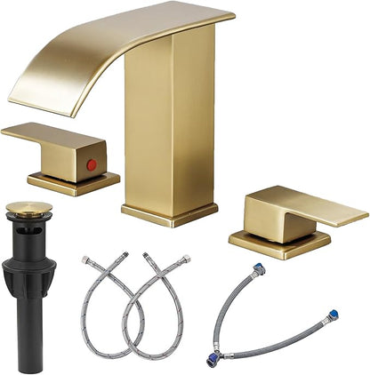 Bathroom Faucet 3 Hole, Brushed Gold Waterfall Bathroom Faucets, 8 Inch Widespread Modern Bathroom Sink Faucet & Parts, Wide Spread Touch On Three Hole 2 Handle Bath Vanity Faucet Mixer