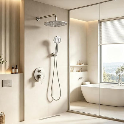 Shower Faucet Set Brushed Nickel 10 Inch Round Shower Head and Handle Set, Bathroom Rainfall Shower System, Wall Mounted Shower Fixtures, Include Shower Valve and Trim Kit