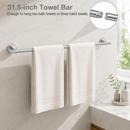 Silver Bathroom Accessories Set, 7 Pieces Silver Towel Bar Bathroom Hardware Set, 24 Inch Towel Racks for Bathroom, SUS304 Stainless Steel Bathroom Towel Holder Toilet Paper Holder Wall Mounted