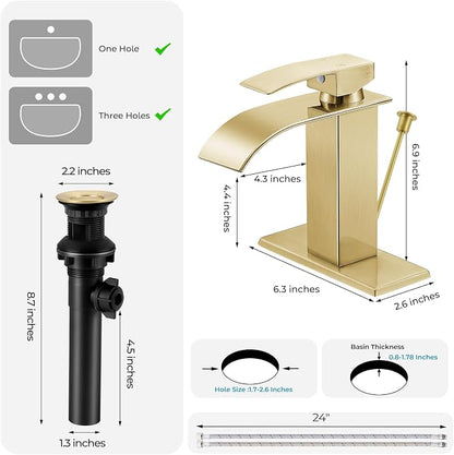 Brush Gold Bathroom Faucet with Waterfall Spout and Lift Rod Drain | SUS 304 Stainless Steel, Single Handle, 1 Or 3 Hole Sink, RV Vanity, Deck Plate, Supply Hoses, NSF372 NSF61 cUPC