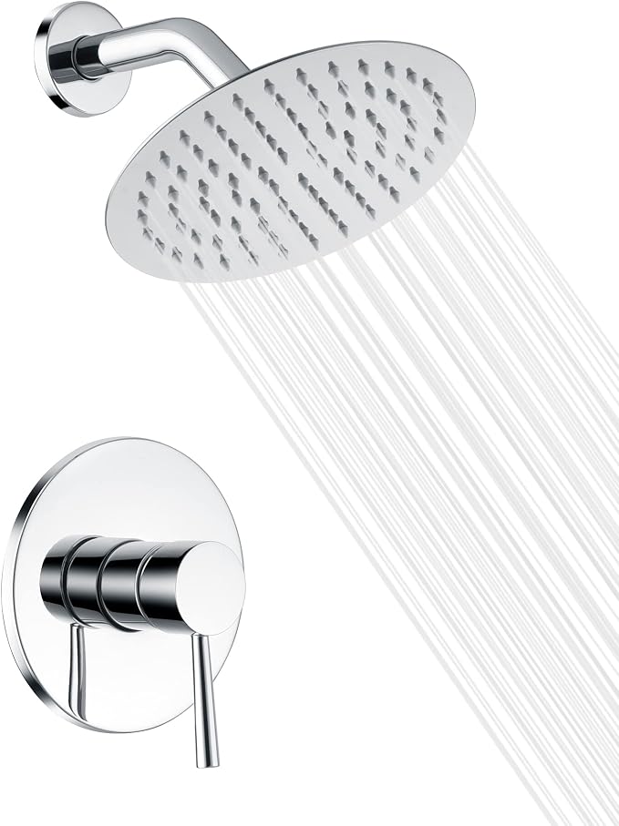 SUMERAIN Bathroom Shower Faucet Set With Valve, Chrome | 8 Inches High Pressure Rain Shower Head, Single Handle, Brass Rough in Valve
