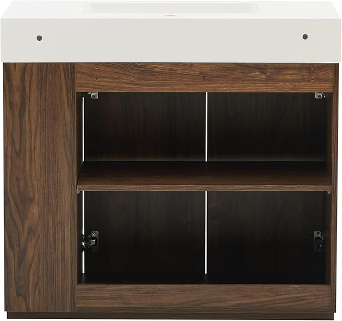 36" Bathroom Vanity with Sink, Freestanding Single Sink Bathroom Vanity with White Engineered Stone Top & Open Side Storage, Soft-Closing Doors with Adjustable Shelf, Walnut